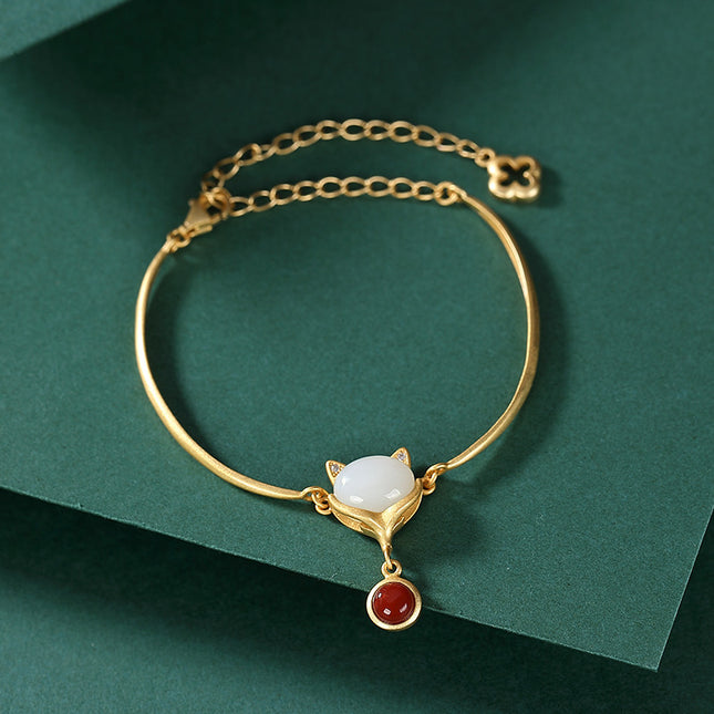 925 Silver Handmade Ancient Gold "Little Fox" Bracelet - Elegant Red Gem & Adjustable Chain