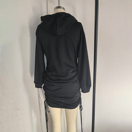 Women's Casual Bodycon Hoodie Dress - Long Sleeve Fitted Mini Dress with Drawstring (Black)