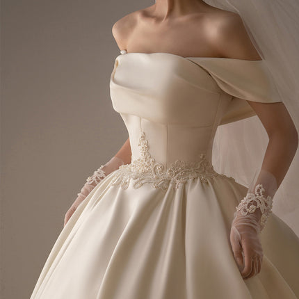 Satin Off-Shoulder Retro Trailing Wedding Dress - Timeless Elegance