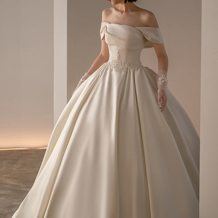 Satin Off-Shoulder Retro Trailing Wedding Dress - Timeless Elegance