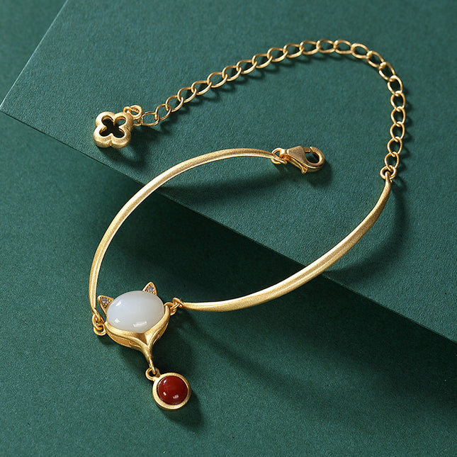 925 Silver Handmade Ancient Gold "Little Fox" Bracelet - Elegant Red Gem & Adjustable Chain