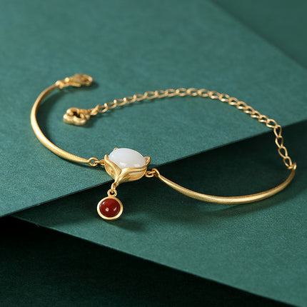 925 Silver Handmade Ancient Gold "Little Fox" Bracelet - Elegant Red Gem & Adjustable Chain