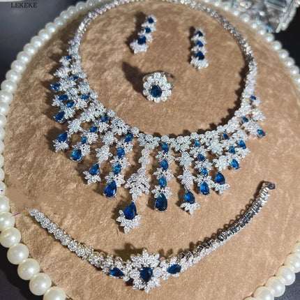 Blue Full Rhinestone Zircon Jewelry Set - Necklace, Earrings, Bracelet & Ring (4-Piece Set)