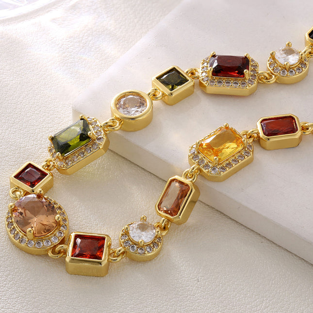Vintage 18K Gold Plated Gemstone Hand Chain Multi Colored Gem Stone JEWELRY Cubic Zirconia Colorful CZ Bracelet For WOMEN