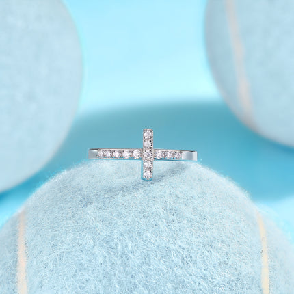 Moissanite Cross Ring - 925 Sterling Silver with Platinum Plating