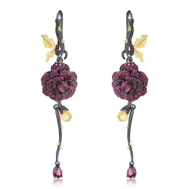 Garnet Sterling Silver Rose Earrings - Handcrafted Floral Drop Design With Deep Red Crystals
