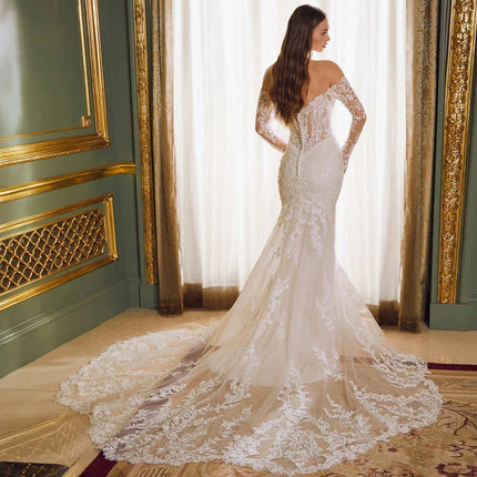 Off-shoulder Lace Long Sleeve Wedding Gown - Elegant Fishtail Ivory Bridal Dress