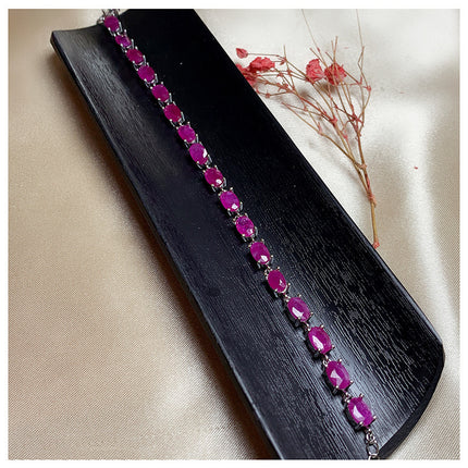 925 Sterling Silver Ruby Bracelet - Women's Retro Natural 925 Silver Inlaid Ruby Bracelet