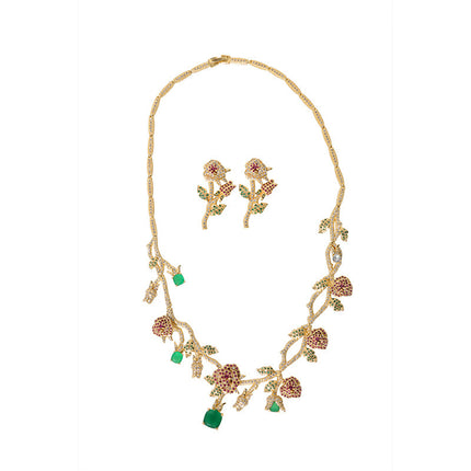Floral Bridal Jewelry Set - Pink & Green Crystal Necklace with matching Earrings