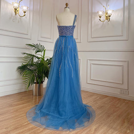 Elegant Blue Handmade Beaded Off- Shoulder Gown with Split Thigh & Fishtail Hem