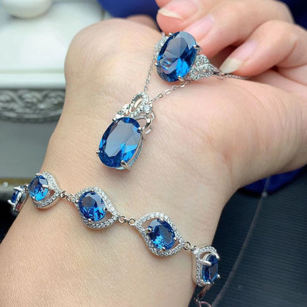 925 Sterling Silver London Blue Jewelry Set - Necklace, Bracelet, Earrings & Ring