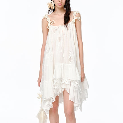 Lemon Hollow Embroidered Short Strap Dress - Elegant Summer Boho Gown