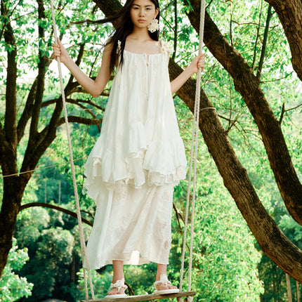 Lemon Hollow Embroidered Short Strap Dress - Elegant Summer Boho Gown