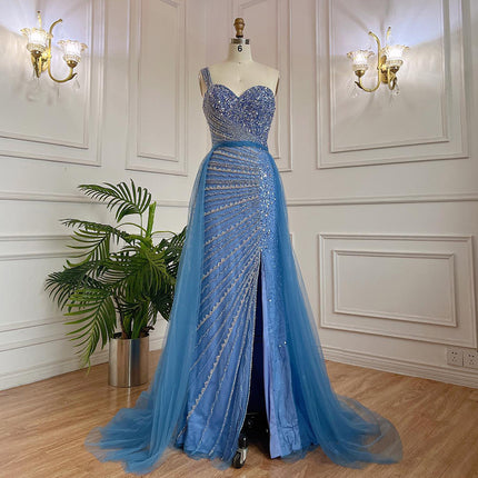 Elegant Blue Handmade Beaded Off- Shoulder Gown with Split Thigh & Fishtail Hem