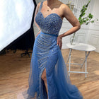 Elegant Blue Handmade Beaded Off- Shoulder Gown with Split Thigh & Fishtail Hem
