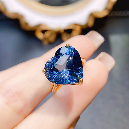 Heart-Cut Blue Crystal Ring - 925 Sterling Silver Adjustable Band