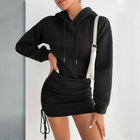 Women's Casual Bodycon Hoodie Dress - Long Sleeve Fitted Mini Dress with Drawstring (Black)