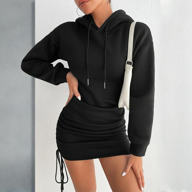 Women's Casual Bodycon Hoodie Dress - Long Sleeve Fitted Mini Dress with Drawstring (Black)