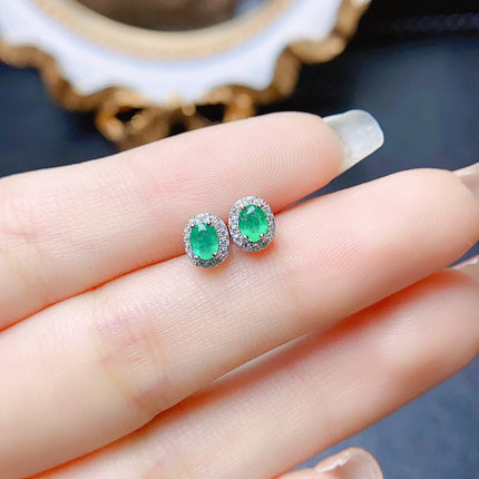 Natural Emerald Stud Earrings - S925 Sterling Silver Inlaid Gemstone Jewelry