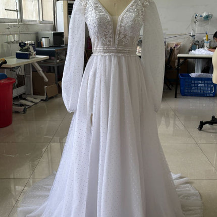 Elegant Ivory Mesh Split Wedding Dress - Boho Long Sleeve Beach Bridal Gown
