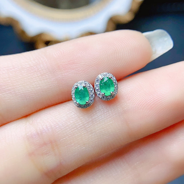 Natural Emerald Stud Earrings - S925 Sterling Silver Inlaid Gemstone Jewelry