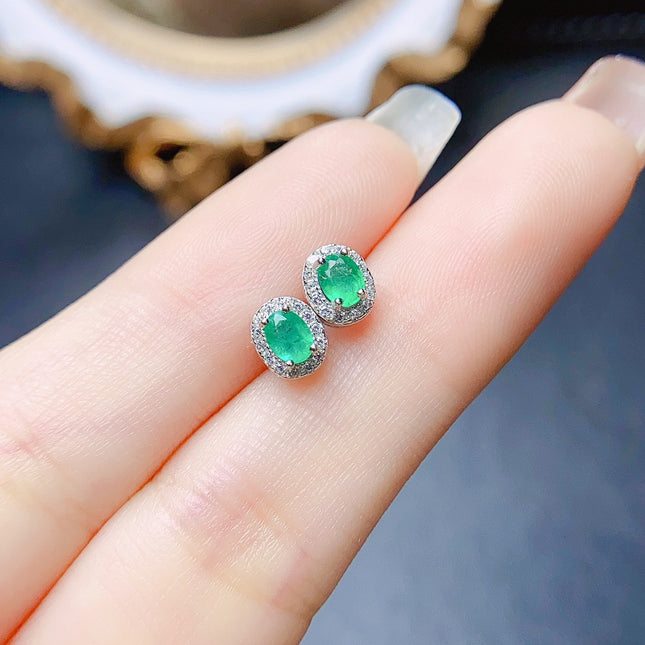 Natural Emerald Stud Earrings - S925 Sterling Silver Inlaid Gemstone Jewelry