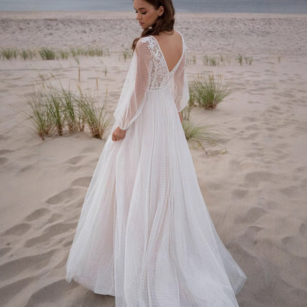 Elegant Ivory Mesh Split Wedding Dress - Boho Long Sleeve Beach Bridal Gown