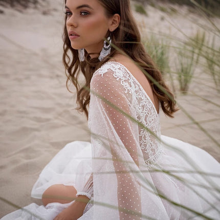 Elegant Ivory Mesh Split Wedding Dress - Boho Long Sleeve Beach Bridal Gown