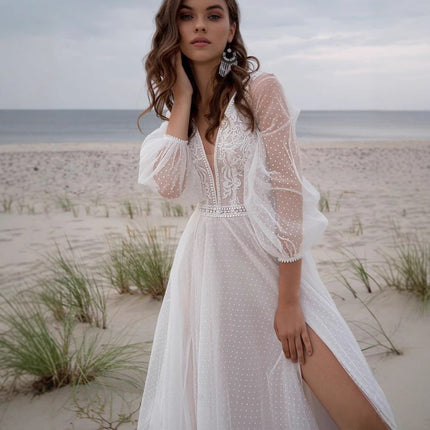 Elegant Ivory Mesh Split Wedding Dress - Boho Long Sleeve Beach Bridal Gown