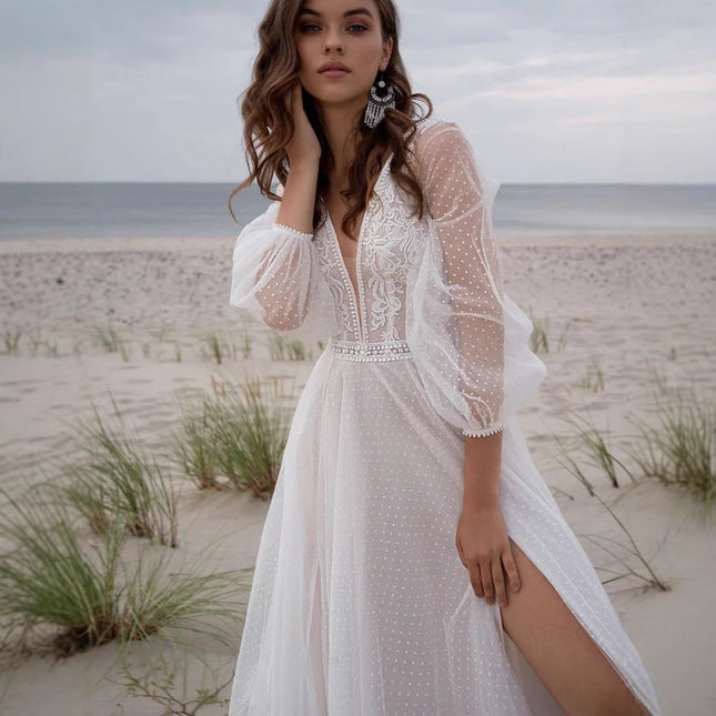 Elegant Ivory Mesh Split Wedding Dress - Boho Long Sleeve Beach Bridal Gown