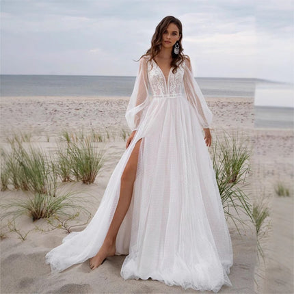 Elegant Ivory Mesh Split Wedding Dress - Boho Long Sleeve Beach Bridal Gown