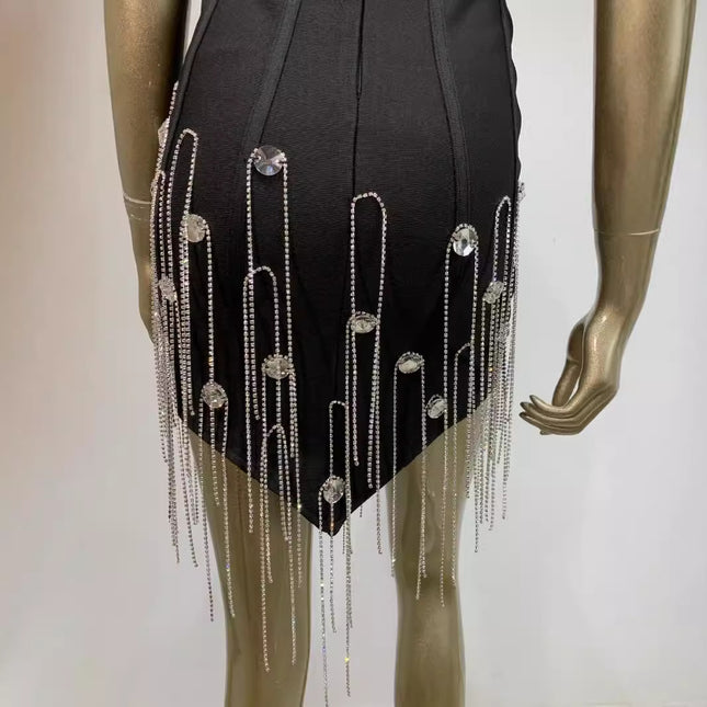 Luxury Crystal Fringe Bandage Dress - Elegant Black Bodycon Party Outfit
