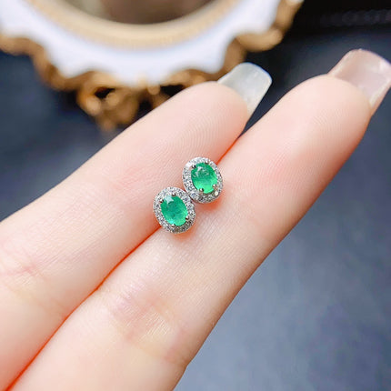 Natural Emerald Stud Earrings - S925 Sterling Silver Inlaid Gemstone Jewelry