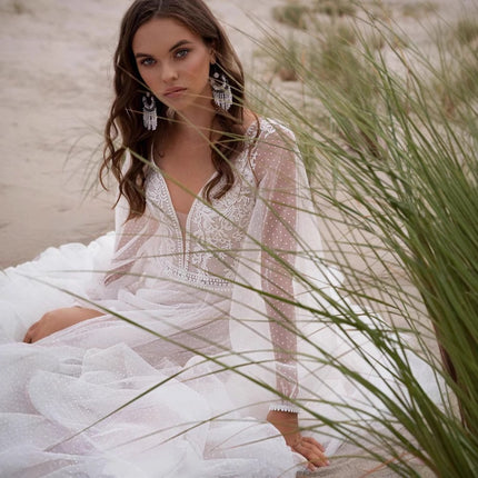 Elegant Ivory Mesh Split Wedding Dress - Boho Long Sleeve Beach Bridal Gown