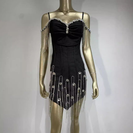 Luxury Crystal Fringe Bandage Dress - Elegant Black Bodycon Party Outfit