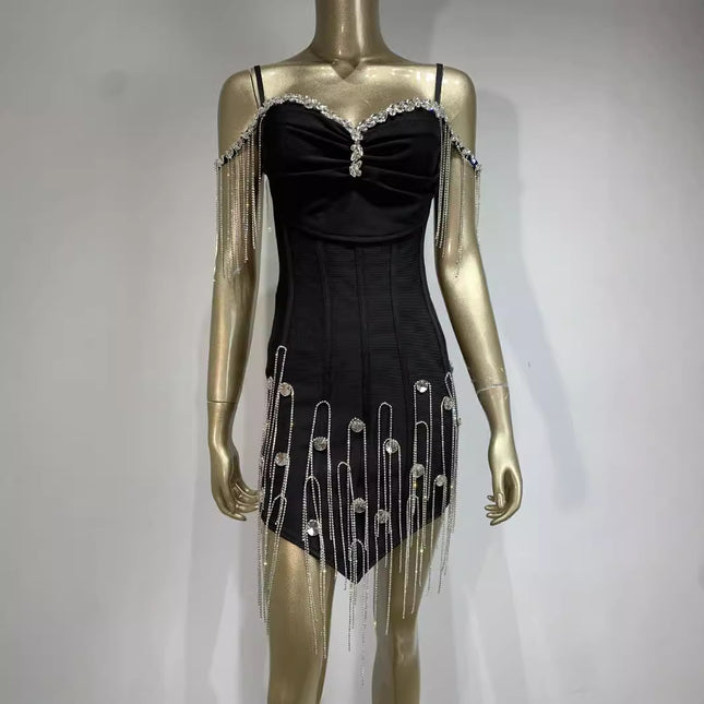 Luxury Crystal Fringe Bandage Dress - Elegant Black Bodycon Party Outfit