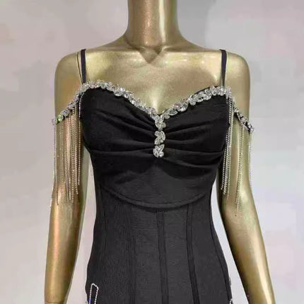 Luxury Crystal Fringe Bandage Dress - Elegant Black Bodycon Party Outfit