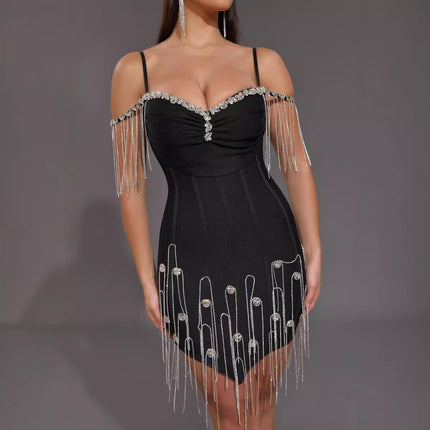Luxury Crystal Fringe Bandage Dress - Elegant Black Bodycon Party Outfit