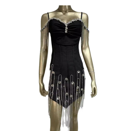 Luxury Crystal Fringe Bandage Dress - Elegant Black Bodycon Party Outfit
