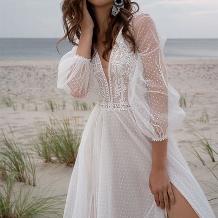 Elegant Ivory Mesh Split Wedding Dress - Boho Long Sleeve Beach Bridal Gown