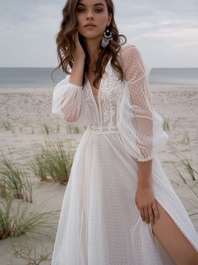 Elegant Ivory Mesh Split Wedding Dress - Boho Long Sleeve Beach Bridal Gown