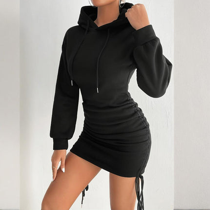 Women's Casual Bodycon Hoodie Dress - Long Sleeve Fitted Mini Dress with Drawstring (Black)