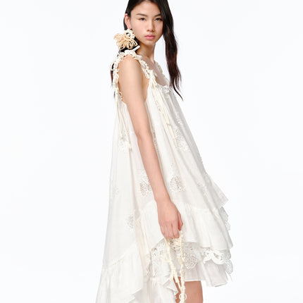 Lemon Hollow Embroidered Short Strap Dress - Elegant Summer Boho Gown