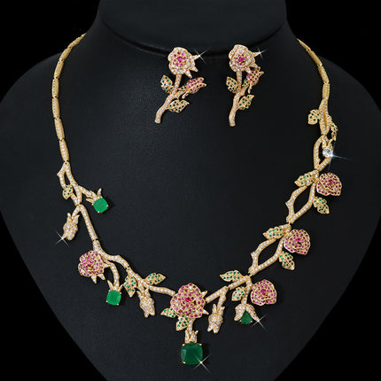 Floral Bridal Jewelry Set - Pink & Green Crystal Necklace with matching Earrings