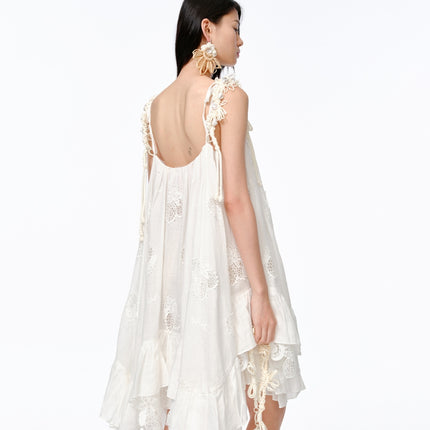 Lemon Hollow Embroidered Short Strap Dress - Elegant Summer Boho Gown