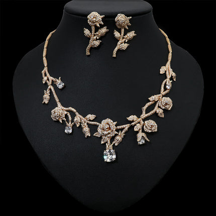 Floral Bridal Jewelry Set - Pink & Green Crystal Necklace with matching Earrings