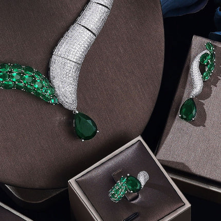 Green Stone Jewelry Set - Necklace, Earrings, Bracelet & Ring (4-Piece Set)