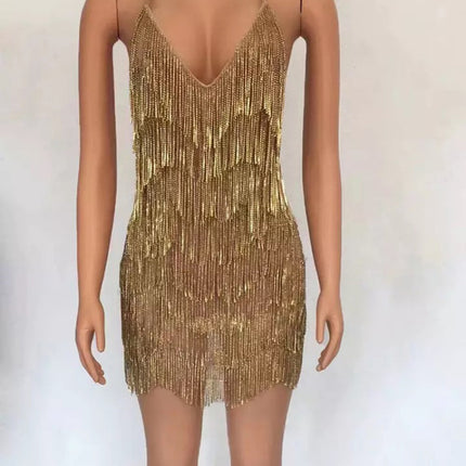 Sexy Deep V Rhinestone Tassel Bulk Evening Gown - Sparkling Party & Club Dress