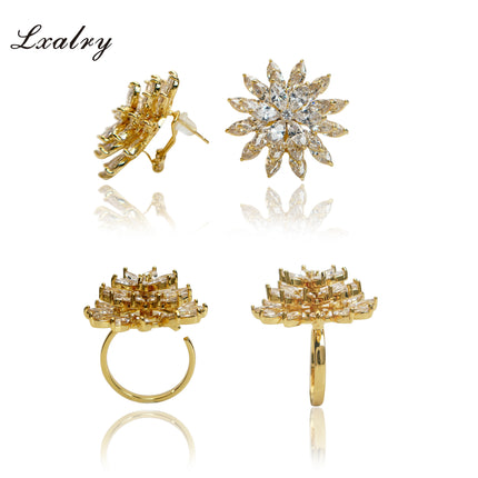 Lxalry 18K Gold Plated Copper Flower Jewelry Set - Baroque Style Statement Ring & Earrings - Hypoallergenic, Non-Tarnish, Elegant Gift For Women