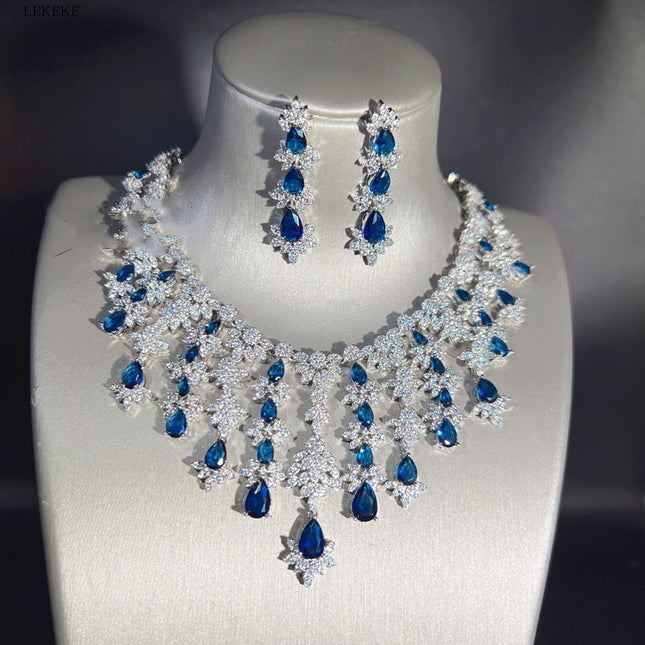 Blue Full Rhinestone Zircon Jewelry Set - Necklace, Earrings, Bracelet & Ring (4-Piece Set)